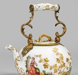 Large Meissen teapot with house painting.