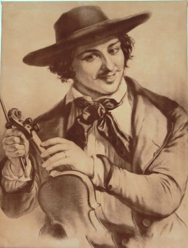 Violinist engraving on genuine leather
