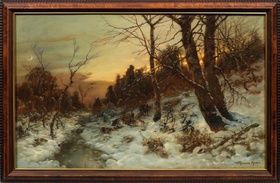Зимний пейзаж с коллекционерами: вечерняя атмосфера, усыпанная снегом