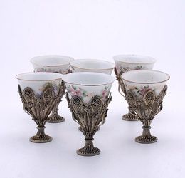 6 Russian Silver Filigree Tea Cup Holders with Porcelain Liners Suite of Six Continental Silver