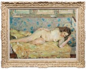 "Young model on a bedspread: fragmentary work by Hervé in pastel tones"