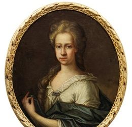An oval portrait of a young lady: blondish hair falling onto her right shoulder, a delicate gentle turning of her head in a quarter-profile, a white blouse with a brooch, a blue coat cape. Significant plasticity and