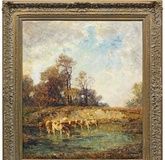 "Late summer: a view of a sunlit landscape with trees and a small herd of cows near a water source, inspired by Heinrich von Zigel."