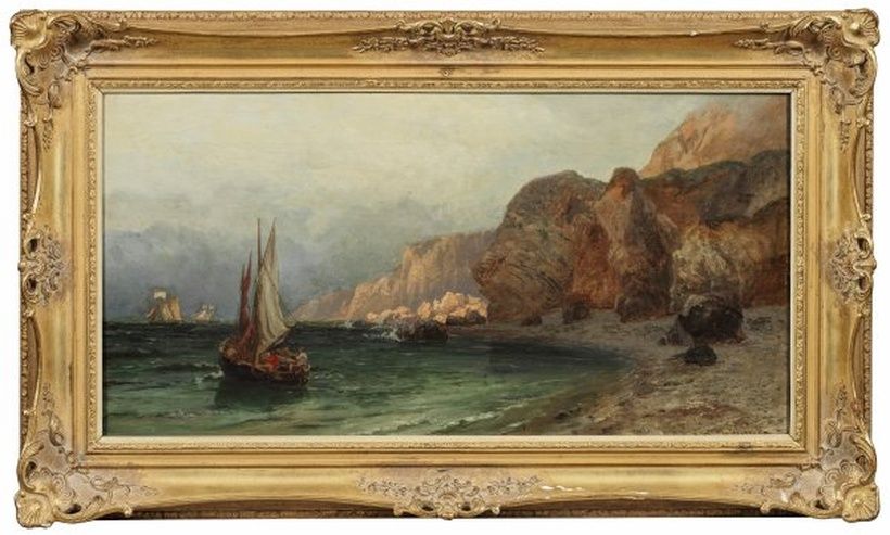 Sailor in front of a rocky shore: majestic nature in oil paint.