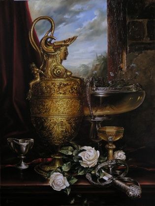 Still life with a golden vase canvas/oil.