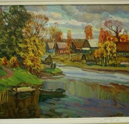 Russian autumn. Mayskoye village. Cardboard, oil.