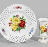 Stangenvase and candy dish with rose decoration.