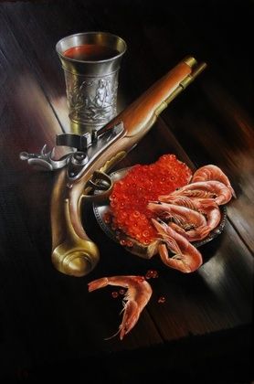 Still life with red caviar, canvas/oil