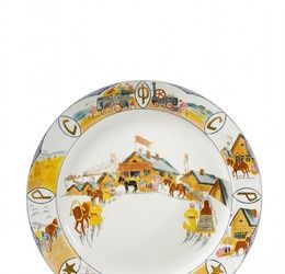 A porcelain propaganda plate decorated with peasants delivering flour to a shareholder-owned bread f