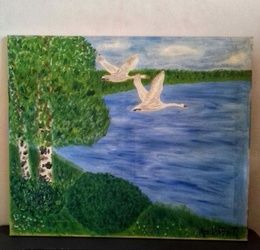 Swans are flying south, oil, canvas.