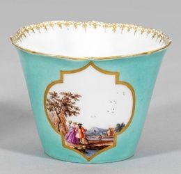 Cups with turquoise background and landscapes.