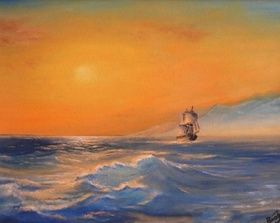 Sea, oil sunrise, canvas on cardboard.