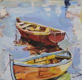 Boats painted with tempera, canvas on cardboard.