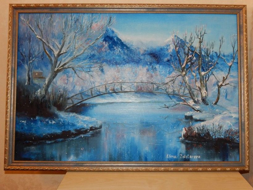 Winter landscape canvas on cardboard, oil.