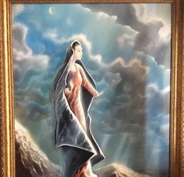 The text in English is: "Virgin Mary with oil, El Greco's signature technique."