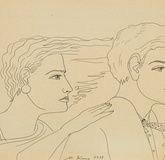 "Unnamed double portrait of a young couple with hair blowing in the wind: ink on paper, signed and dated 1988 year."