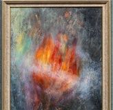 "Unnamed abstract composition with a central motif of fire: oil on wooden panel, signed and dated (19)84. Approximate size is 40.3 x 31 cm. In a frame."