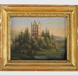 Active 19th-century artist: landscape with a ruined castle in a hilly, forested river landscape.
