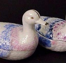 Pair Russian Kuznetsov porcelain duck covered boxes, circa 1900, 8"w x 5"h