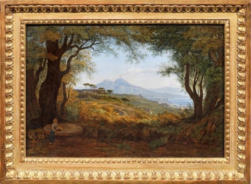 "Гребциг 1789-1822: вид на залив Неаполя с горы с деревьями"