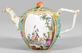 Meissen teapot with turquoise background and Watteau scene.