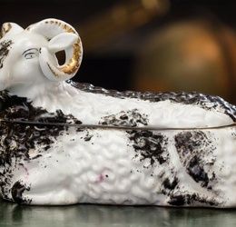 A Russian Porcelain Ram-Form Covered Box, late 19th/ear