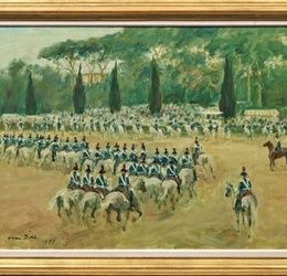 "Busy horse scene in the Borghese villa park in Rome: an image of the famous 4th Carabinieri Regiment during the First Italian War for Independence, at the parade of the cavalry school."