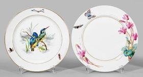 Два фарфоровых блюда, украшенные рисунком цикламена и зимородков