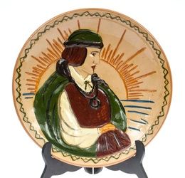 Ceramic plate 'Folk dancer' Kuznetsov porcelain factory, Latvia, 1930's