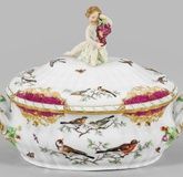 Magnificent lidded terrine with bird and insect decoration.