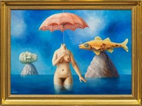 "Surrealist painting of 1973: female torso with an umbrella, fish, and a stone head"