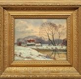 Party in a winter setting: a cottage, water, and a dynamic landscape in an impressionistic style.