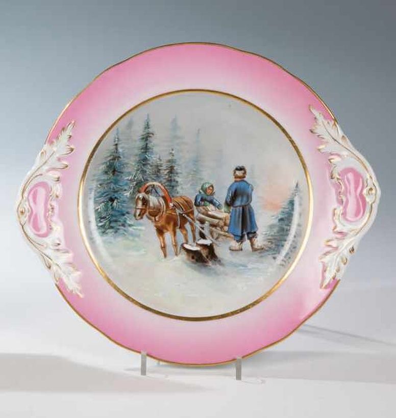 Decorative plate Riga, Kuznetsov porcelain manufactory, round, flat moulded shape on stand ring around 1900.