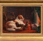 Characteristic picture of a famous artist: dogs in front of a fireplace.