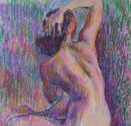 Naked with an oil pastel in hand thrown over the head.
