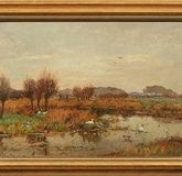 Dutch artist, active around 1900 / early 20th century, ducks by the pond: an idyllic autumnal landscape with duck families, painted with earthy colors and dynamic brushstrokes.
