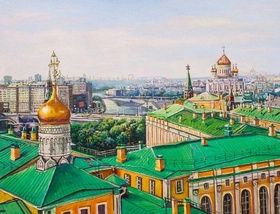 Walks on the rooftops of Moscow. View of the Cathedral of Christ the Savior.