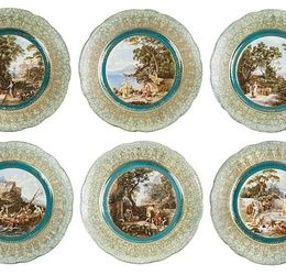 A GROUP OF SIX PORCELAIN DESSERT PLATES WITH SCENES FROM THE ODYSSEY BY HOMER, KUZNETSOV PORCELAIN MANUFACTORY, MOSCOW, EARLY 20TH CENTURY