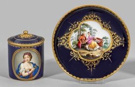 Cobalt blue lidded cup with girl's portrait