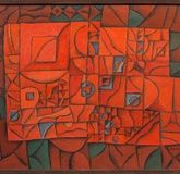 "Composition in Red: reduced brightness of colors and ornamental-geometric abstraction."