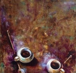 Two white cups of hot chocolate canvas/oil