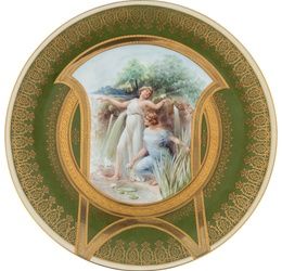 A RUSSIAN PORCELAIN PLATE WITH MAIDENS, KUZNETSOV PORCELAIN FACTORY, MOSCOW, 188...