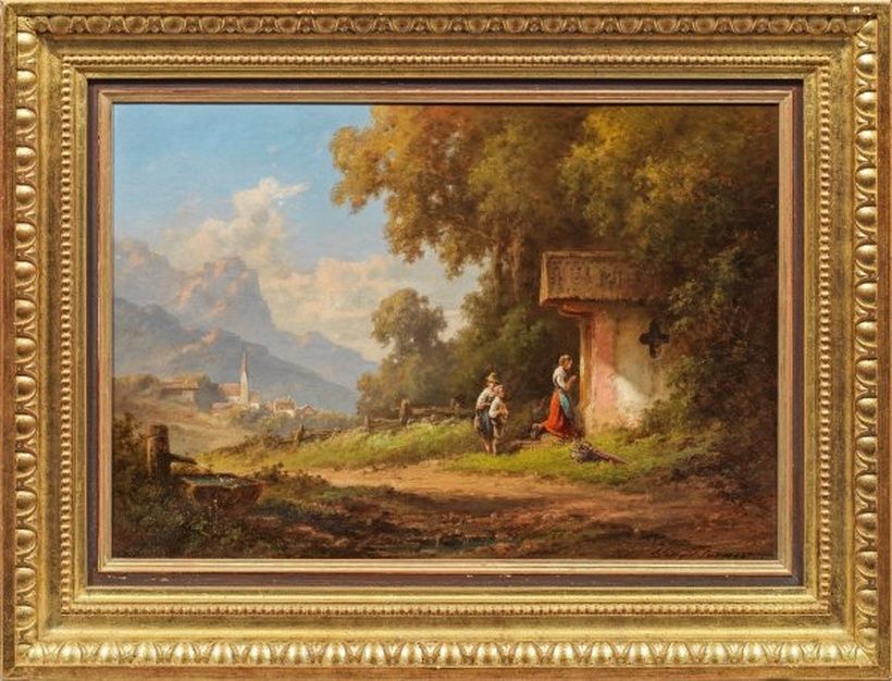 "Children at the roadside chapel: pastel tones and national costumes in the high mountains of Tyrol."