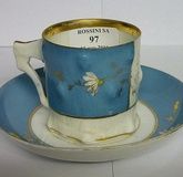Russian porcelain.   Cup and saucer from the factory MS Kuznetsov 1900.    Blue and white tones.    Golden Grounds (used).