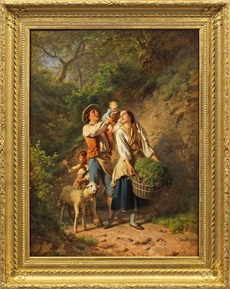 A young peasant family in an idyllic scene.