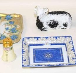 8 PCS. ASSORTED COLLECTIBLES. Pair Russian M.S. Kuznetsov Ram butter dishes. (condition: wear to paint, one is repaired) (1) Nippon salt/pepper shaker. (1) Porcelain rabbit figurine, mark on base. (1) Porcelain dog figurine, mark on base. (1) Christo