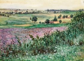 "Impressionistic landscape includes hills with a blooming meadow."