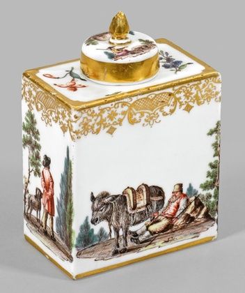 Meissen tea caddy with Teniers scenes