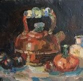 Still life with a teapot oil, cardboard