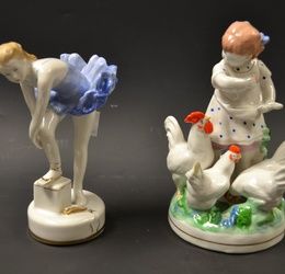 A Russian Dulevo porcelain figure, of a ballet dancer in blue tutu; another, a girl with cockerel